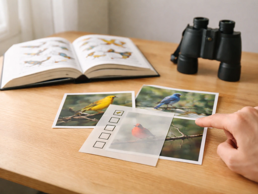 Open bird field guide with binoculars and several bird photo prints under a blank checklist overlay.