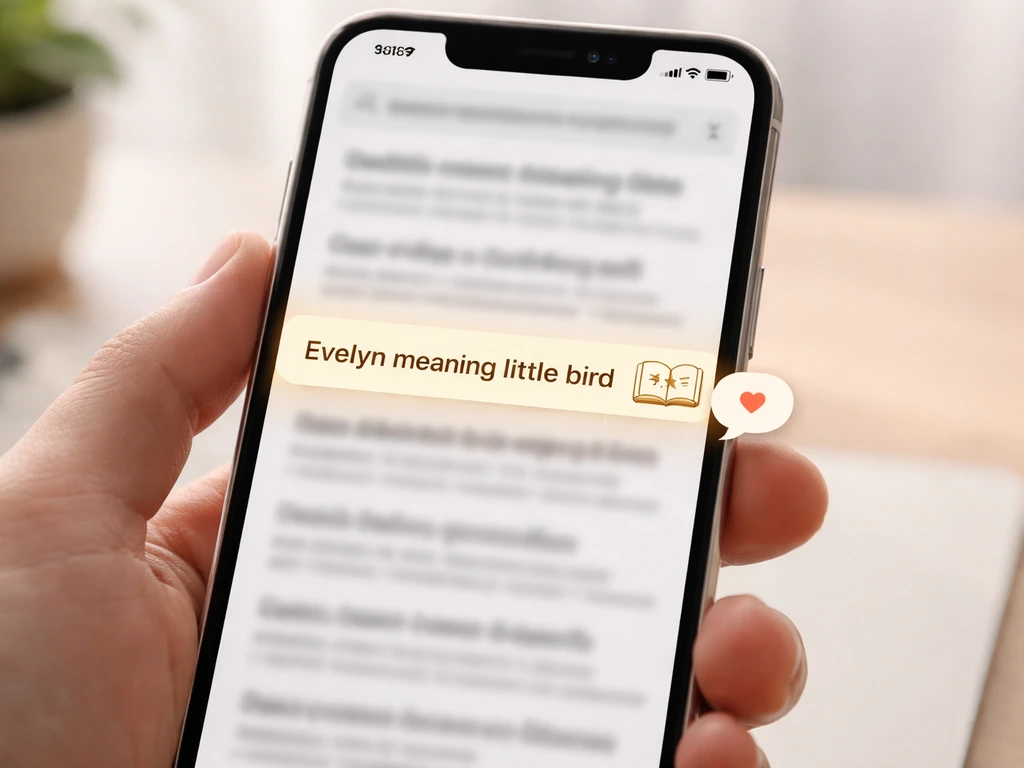 Minimal smartphone screen mockup showing a name-meaning search result with highlighted phrase.