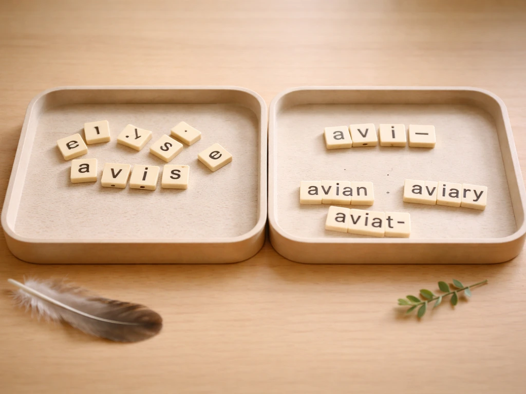 Minimal desk photo with two trays of letter tiles and a feather suggesting avis to avi-.