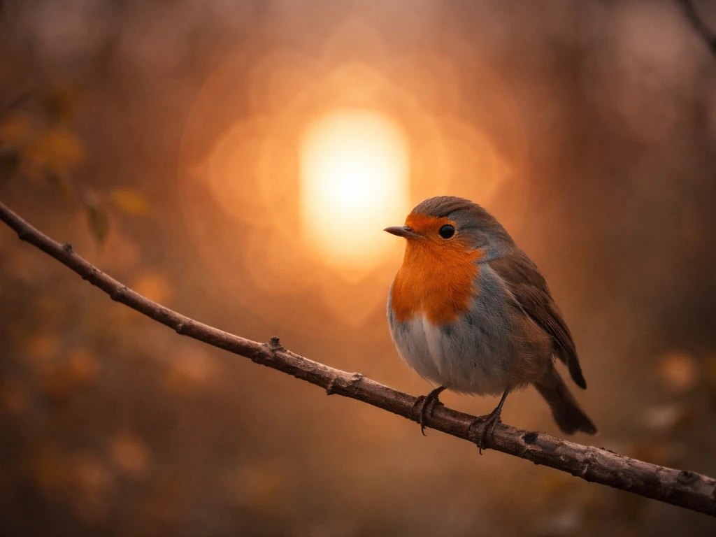 A small bird perched near a subtle lantern-like glow, symbolizing gentle freedom and hope.