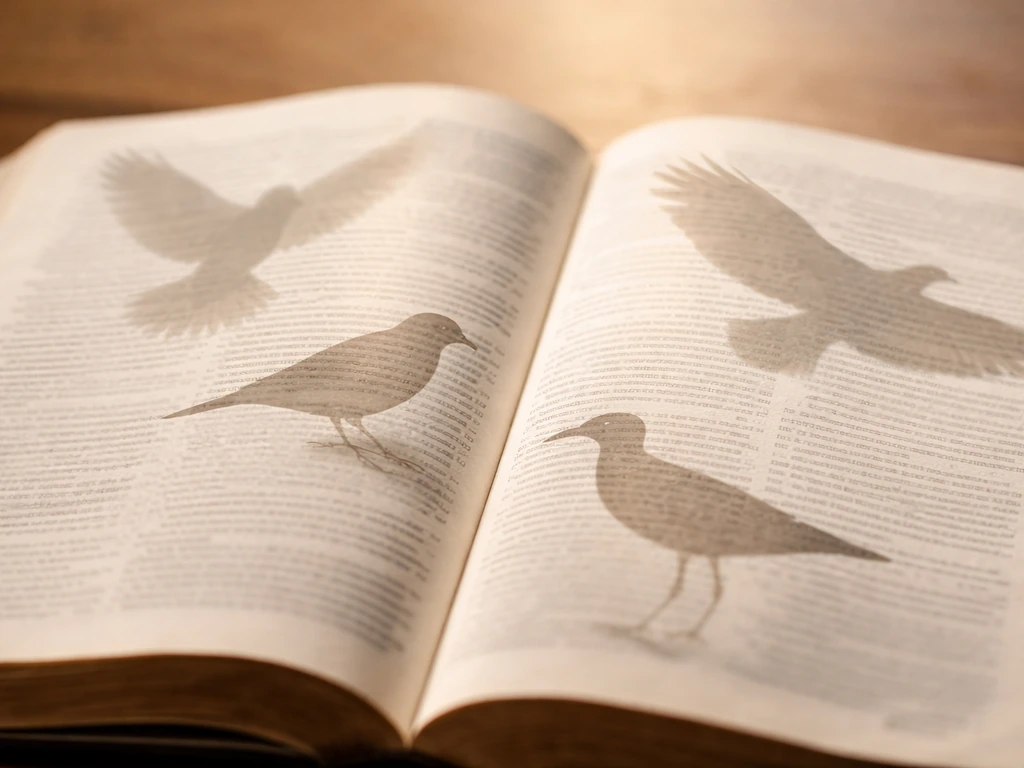 Layered silhouettes of different birds over softly lit Bible pages, editorial minimal scene