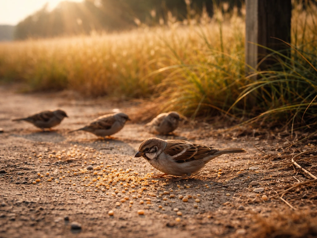 Small sparrows foraging near a sunlit roadside with grain, suggesting provision and care.