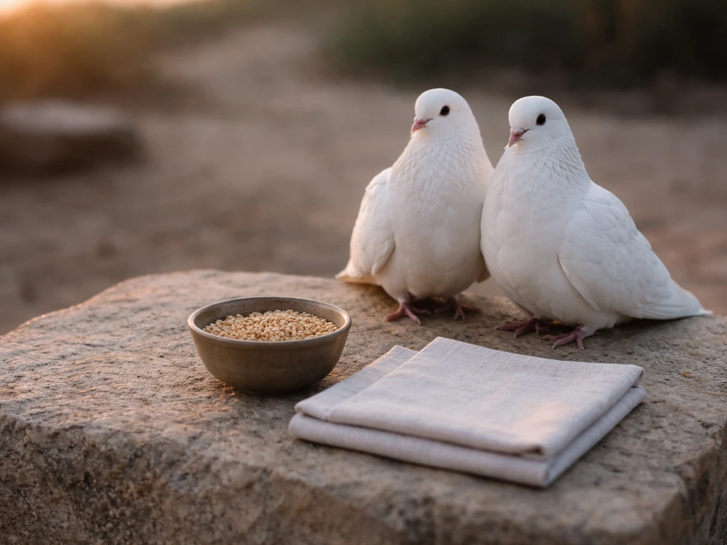 Two white doves perched by a small grain offering on a simple stone altar slab.