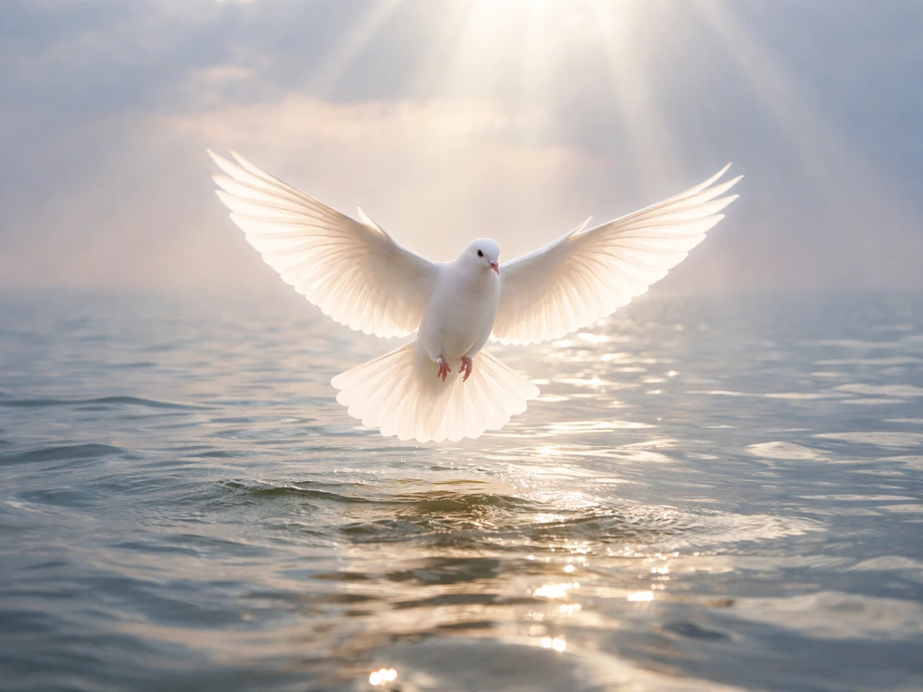 White dove descending over calm water with soft light rays, symbolizing the Spirit like a dove.