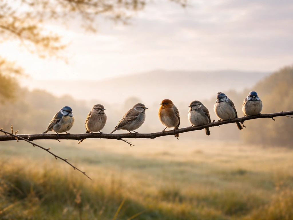 Small birds perched on a branch in an open countryside with soft light and calm mood