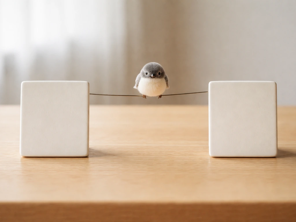 Minimal table scene with a wire and small bird figurine alongside blank cards suggesting bird idiom tones.