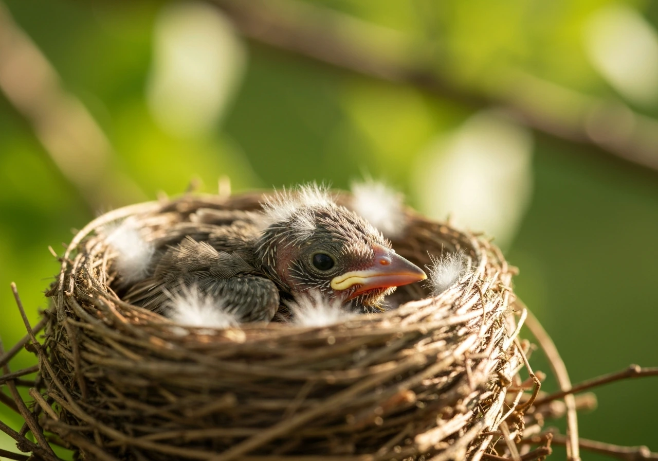Barely-feathered nestling bird nestled in a small twig-and-down nest with soft natural light.