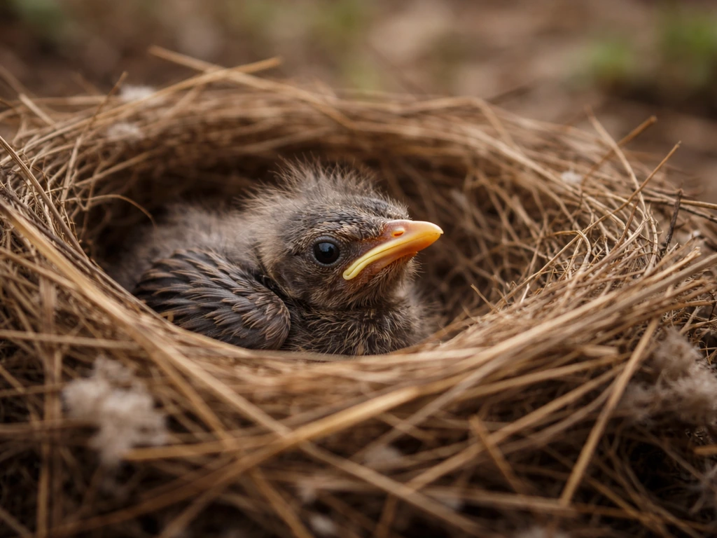 A young nestling bird with sparse early feathers rests in a small nest, natural light, blurred outdoor background.