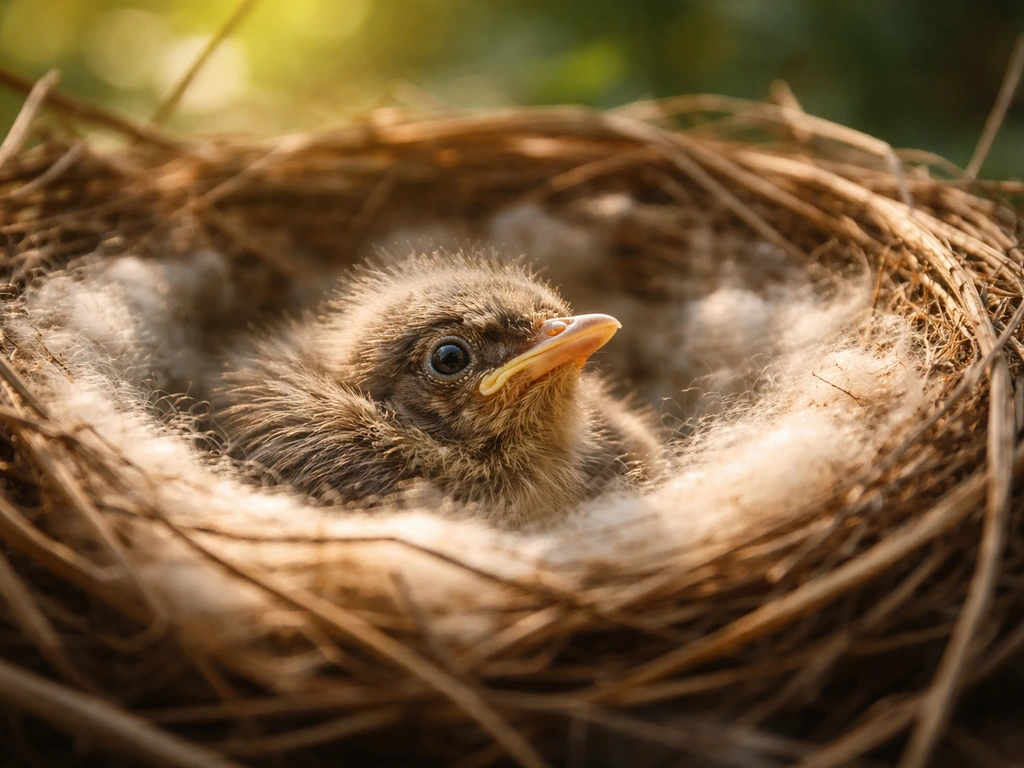 A tiny nestling bird in a nest, softly lit by warm sunlight conveying tenderness and new beginnings.