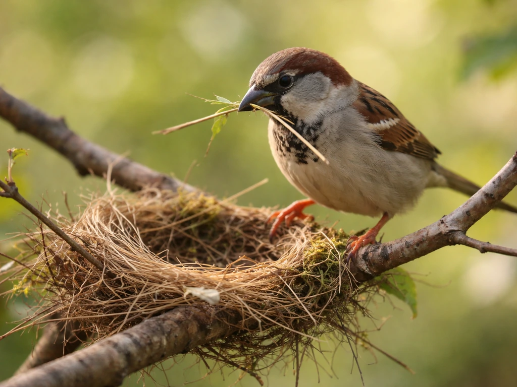 Small bird building a nest on a branch with twigs and leaves, calm natural background.