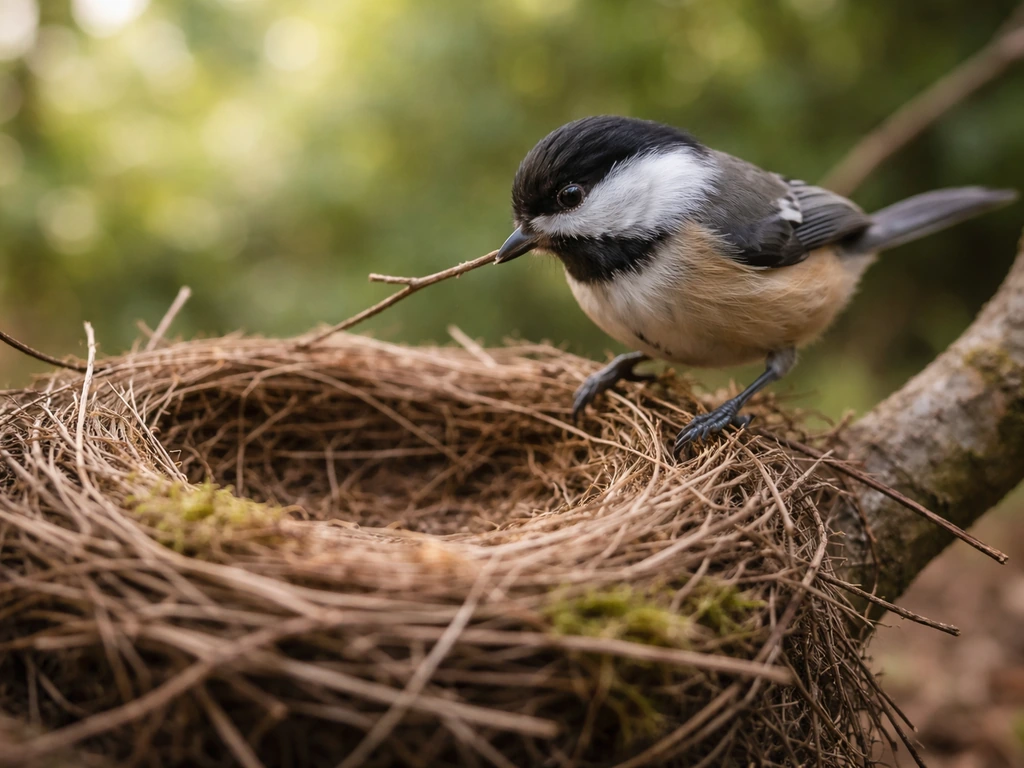 A small bird adding twigs to a nest, suggesting gradual progress over time