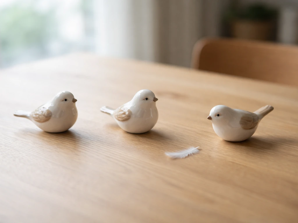 Three small bird figurines on a wooden table with a feather, subtly contrasting slow progress vs effort.