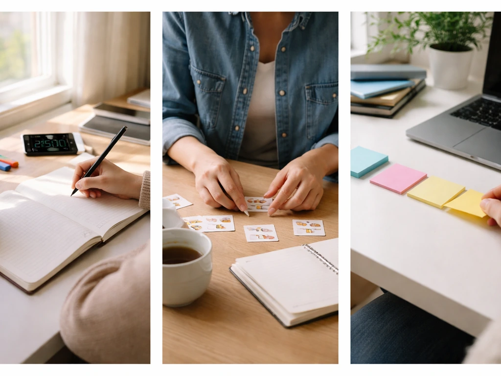 Minimal photo montage: person studying at desk, practicing a skill, and marking progress with sticky notes
