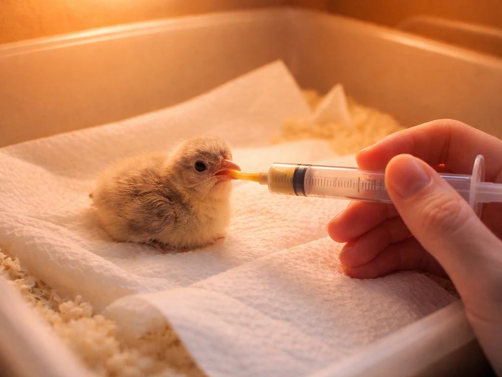 Warm brooder with a baby bird while a caregiver’s hands feed it with formula via syringe.
