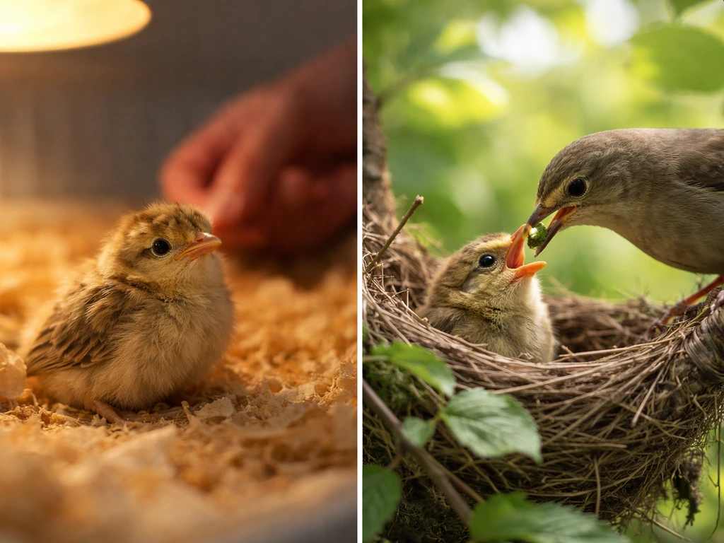 Split photo showing one chick in a warm brooder and one chick in a nest being fed by parent birds.