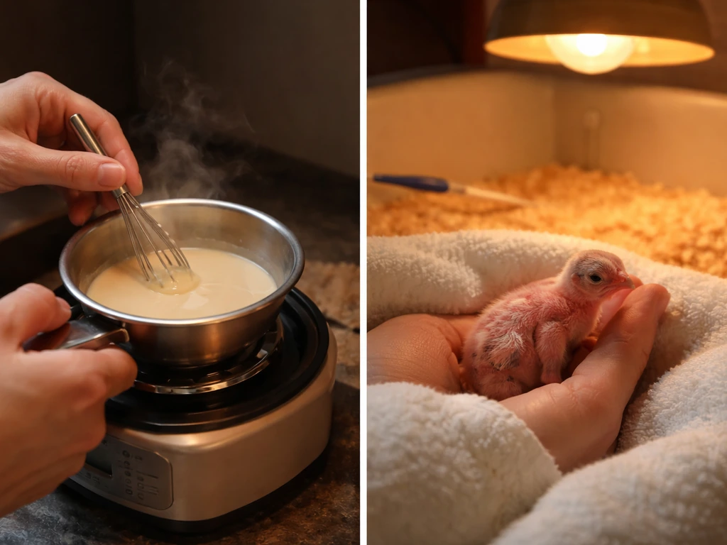 Caregiver warming formula beside a brooder, tending a very young chick under soft heat.