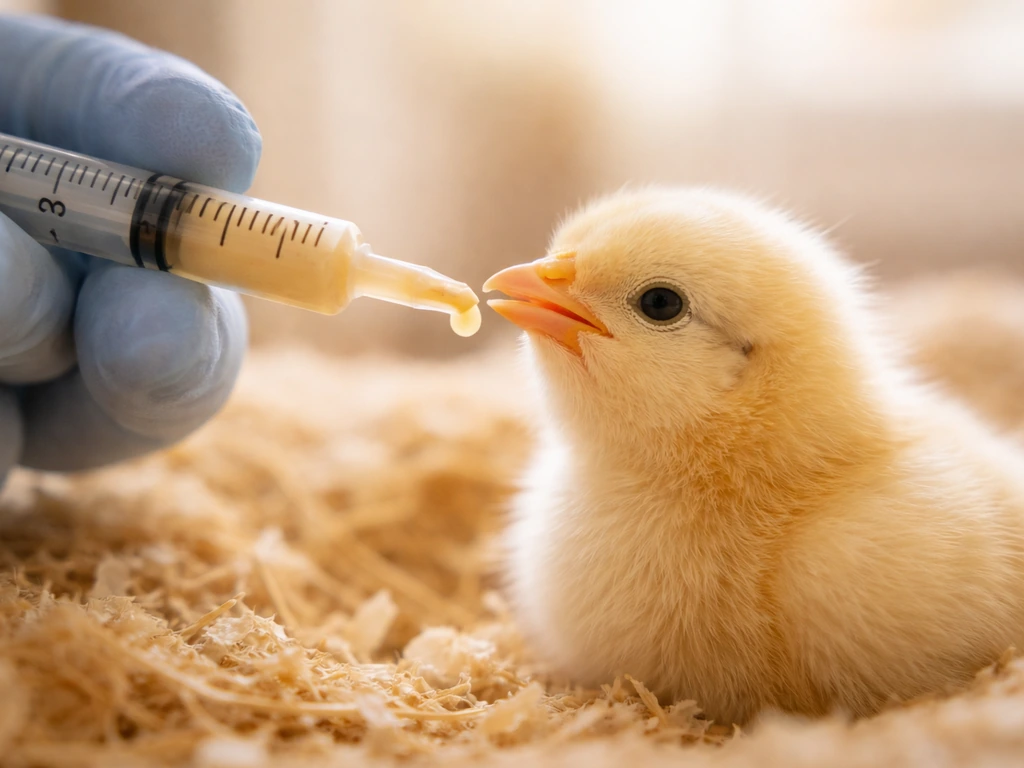 Young chick being gently fed with a syringe by gloved hands in a warm nest area.