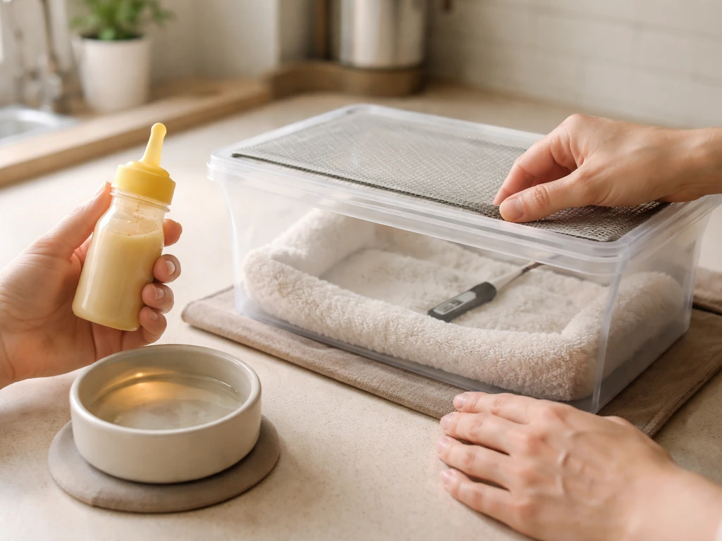 Anonymous hands preparing warm bird formula with a thermometer and safe brooder setup, avoiding overheating.