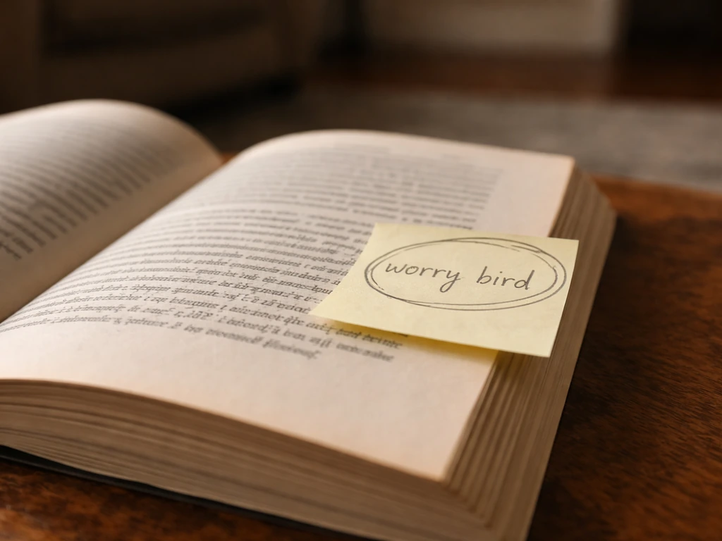 Handwritten sticky note on an open book showing the words “worry bird” highlighted in pencil.