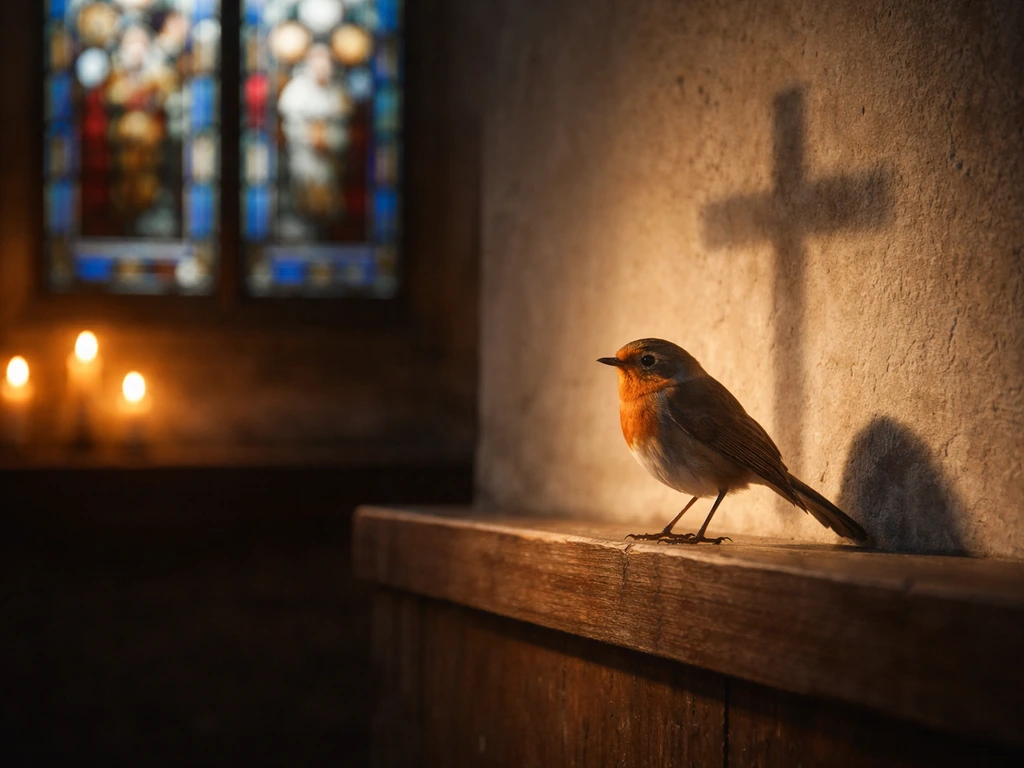 Small songbird perched near a softly lit church window with a cross-shaped shadow