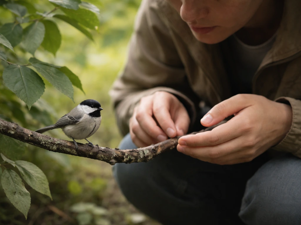 Person gently observing a small bird perched on a branch in a quiet backyard garden.