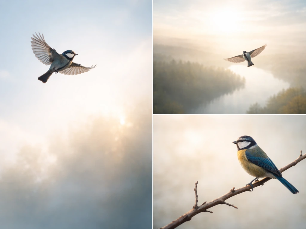 Four-panel style bird metaphor: flight freedom, high viewpoint, perched identity, and airy spirit glow.