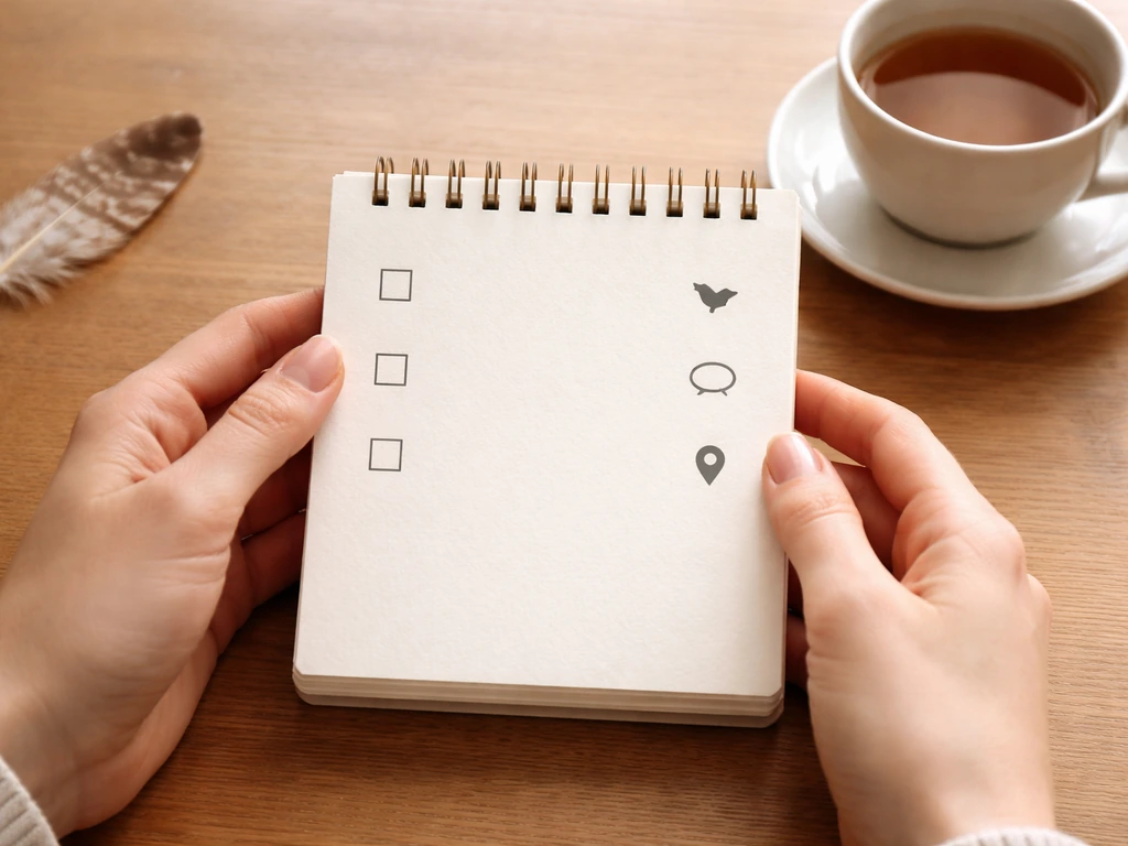 Minimal checklist scene with small bird and speech-bubble icons on a notebook page
