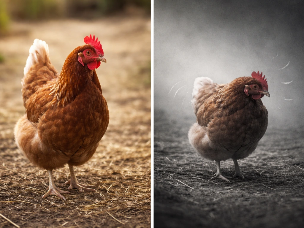 Split scene of a chicken bird: realistic on one side, timid symbolism on the other.