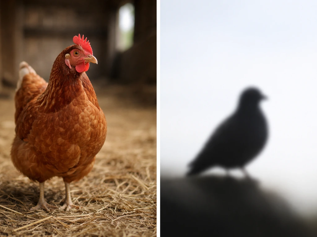 Minimal split scene: a chicken on one side and a silhouetted bird on the other, suggesting literal vs slang.