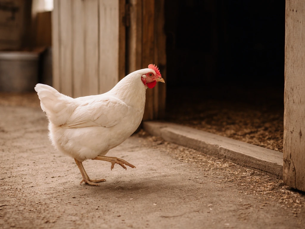 A white chicken retreats from an open doorway into a darker room, conveying cowardice or meekness.