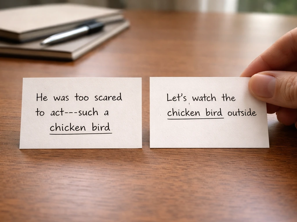 Split scene with two plain paper sentence cards showing contrasting meanings: fear/cowardice vs literal animals.