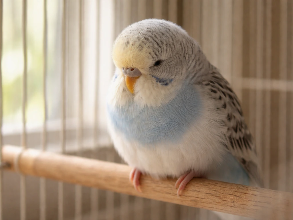 Close-up of a pet bird in a cage perching with feathers puffed and eyes half-closed, looking drowsy.