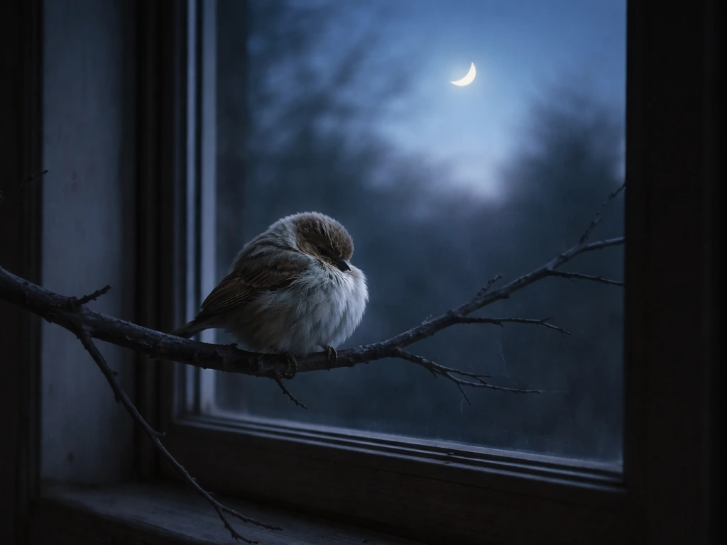 A small bird sleeping on a branch by a dark window at dusk with a faint crescent moon glow.