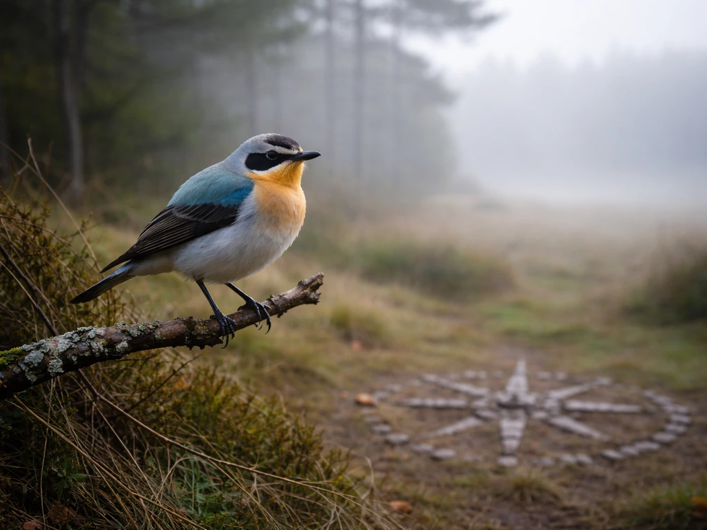 Unusual bird perched at a quiet forest edge with a faint stone compass motif suggesting far from its range.