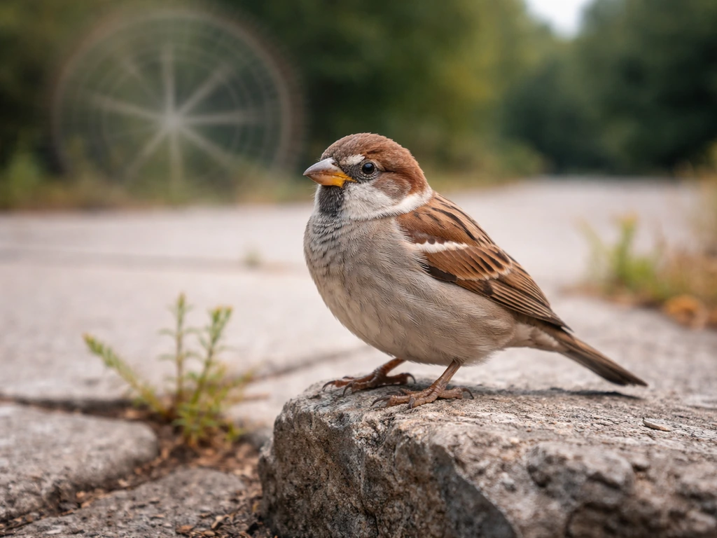 Close-up of a small sparrow perched on a rock in an unexpected habitat, calm natural light.