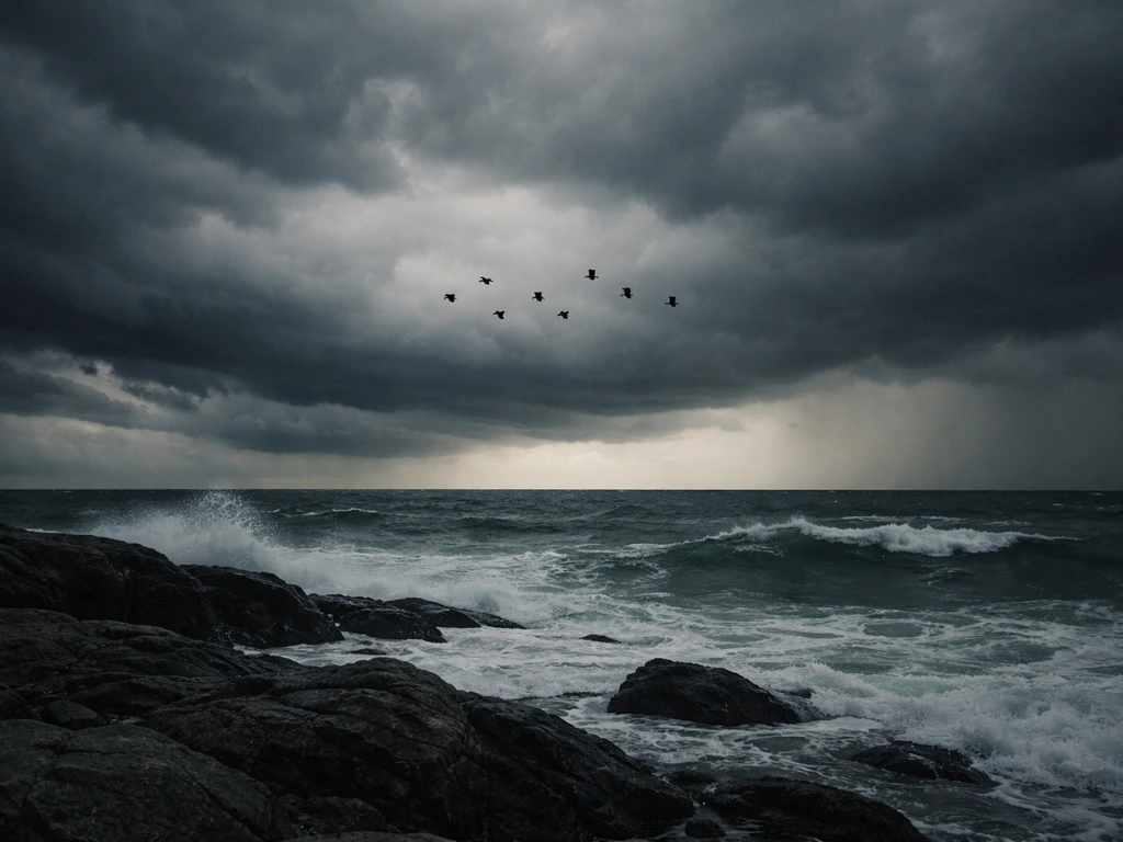 Small flock of birds silhouetted against stormy coastal clouds, suggesting they drifted far off course.