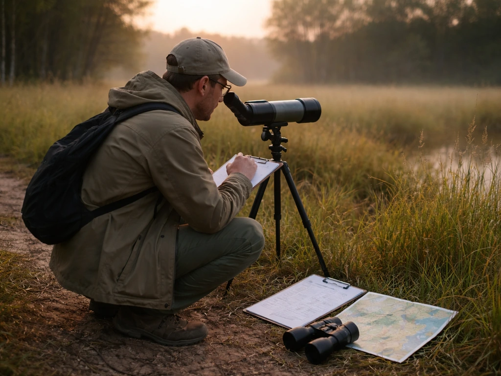 Birdwatcher at a spotting scope near a checklist and map in a quiet field