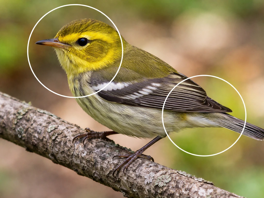 Close-up of a small songbird showing head pattern, wing bars, and bill shape on a natural branch