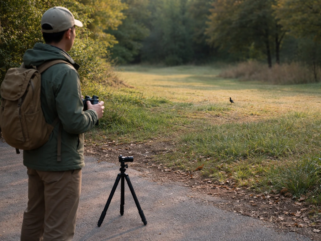 A calm birder at a distance using binoculars while a distant vagrant bird rests in a quiet park.