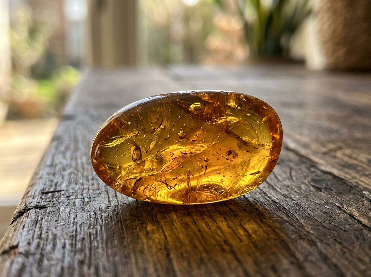 Close-up of amber fossil resin in amber-like glow