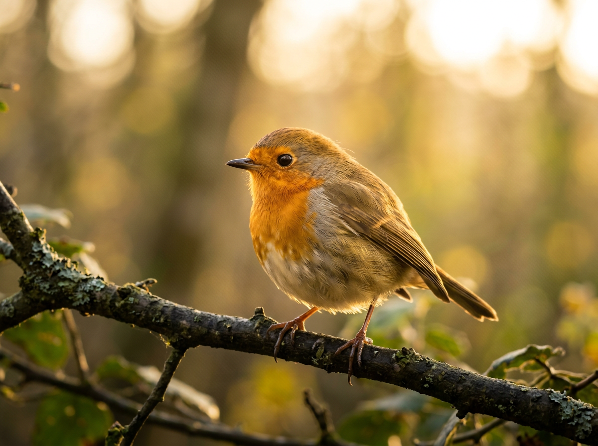 Amber-colored bird perched on a branch at dawn, showing warm tones