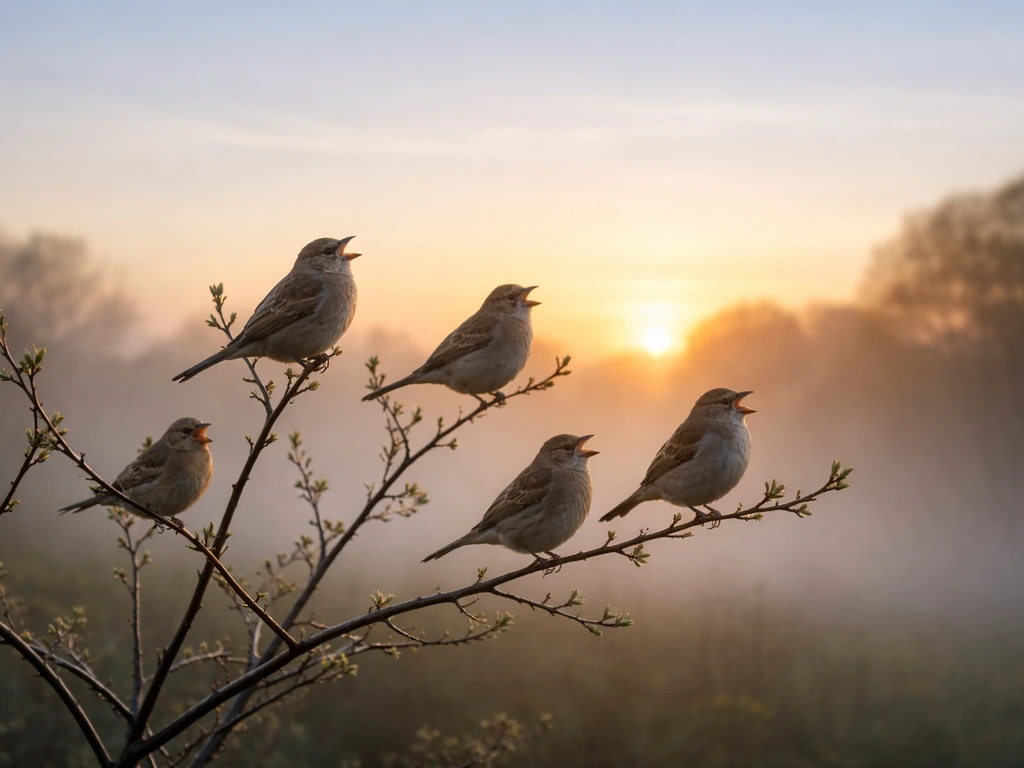 Early spring dawn with multiple small songbirds perched as sunlight breaks, suggesting a first-light chorus.