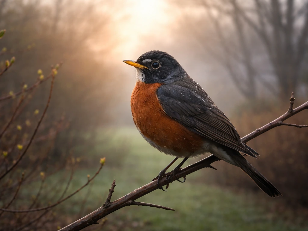 An American robin perched at early spring dawn with soft sunrise light and morning mist.