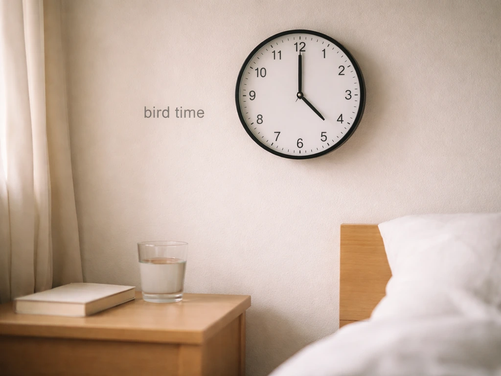 Analog wall clock set to about 4:00 with a subtle “bird time” caption overlay.