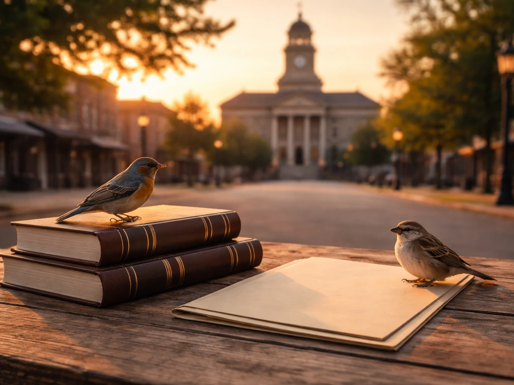 Courthouse silhouette with law books on a wooden table and small birds perched nearby.