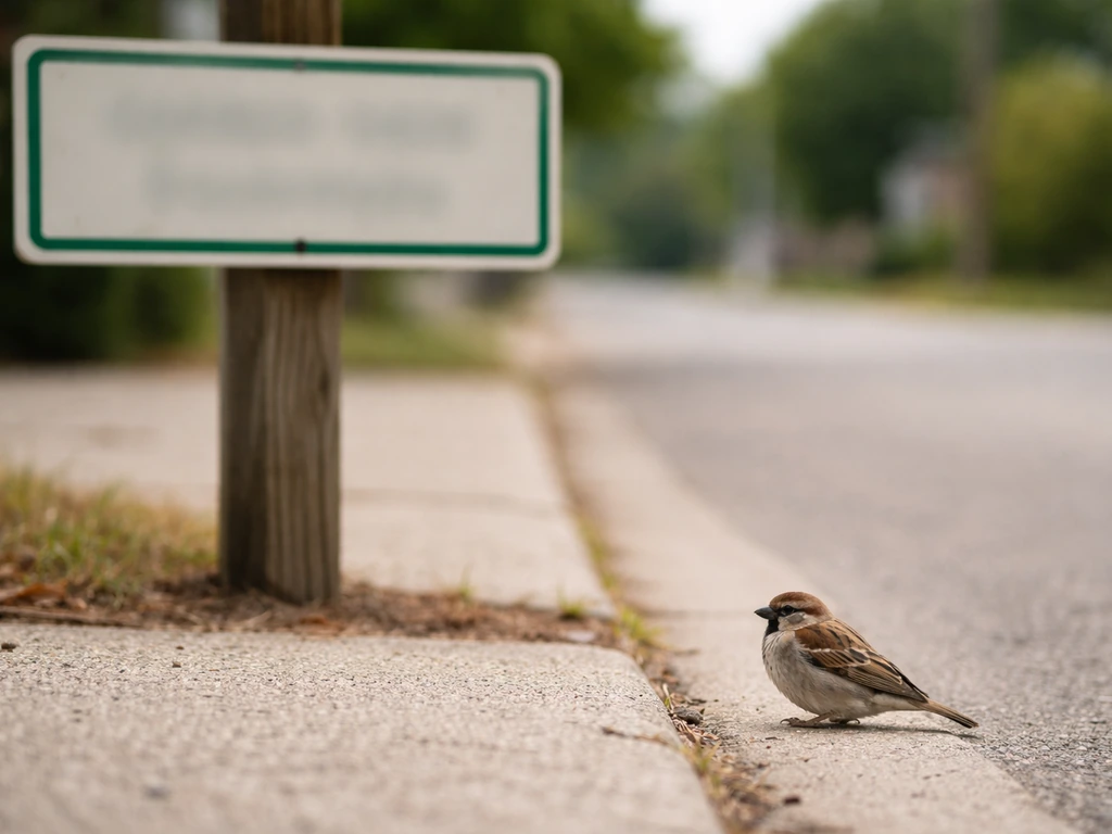 Small town street sign and a perched bird close by, symbolizing “small town” and “bird” separately