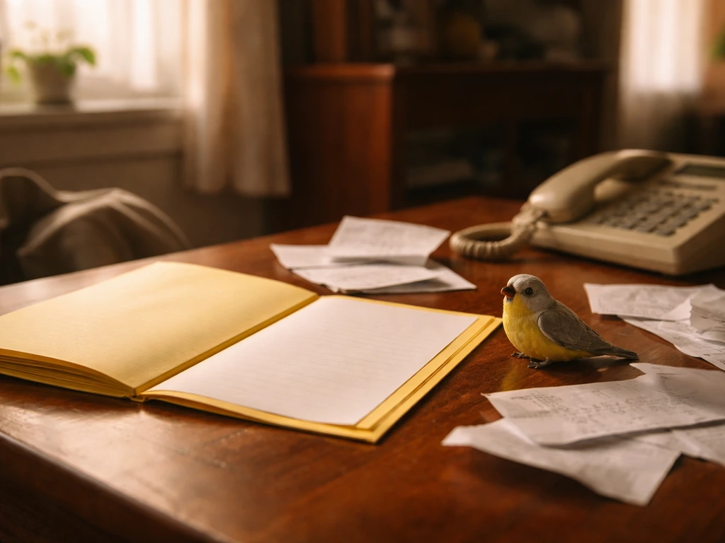 A messy desk with a yellow legal folder, bird figurine, and a ringing phone under warm natural light.