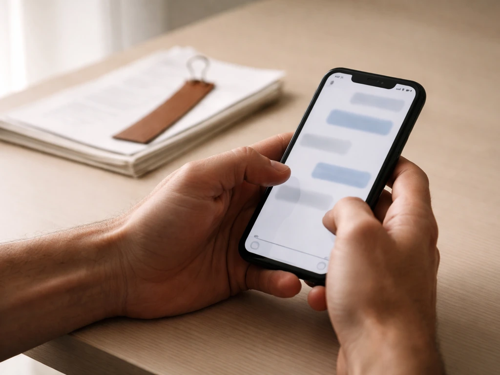 Close-up of hands holding a phone with a legal-themed bookmark, suggesting interpreting context