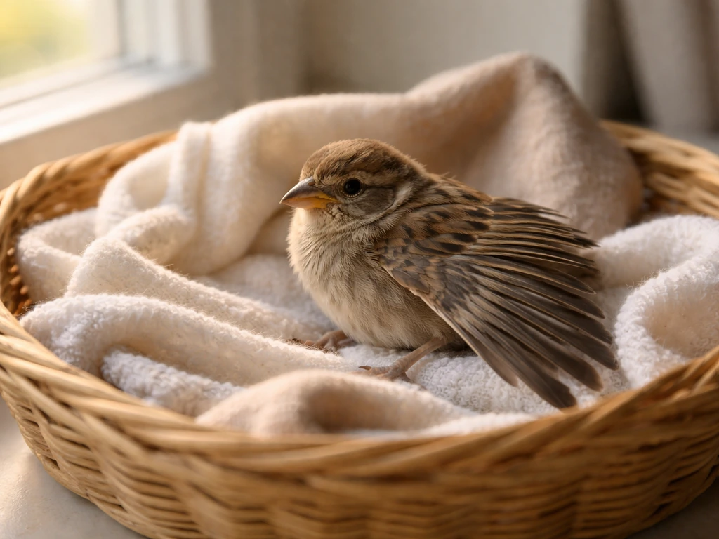 Injured small bird resting in a handmade rescue nest with a soft broken-wing feel, safe and gentle.