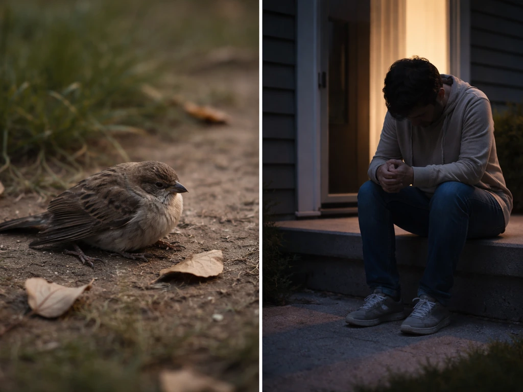 Injured small bird on grass on the left, and a vulnerable adult sitting quietly on a porch step on the right.